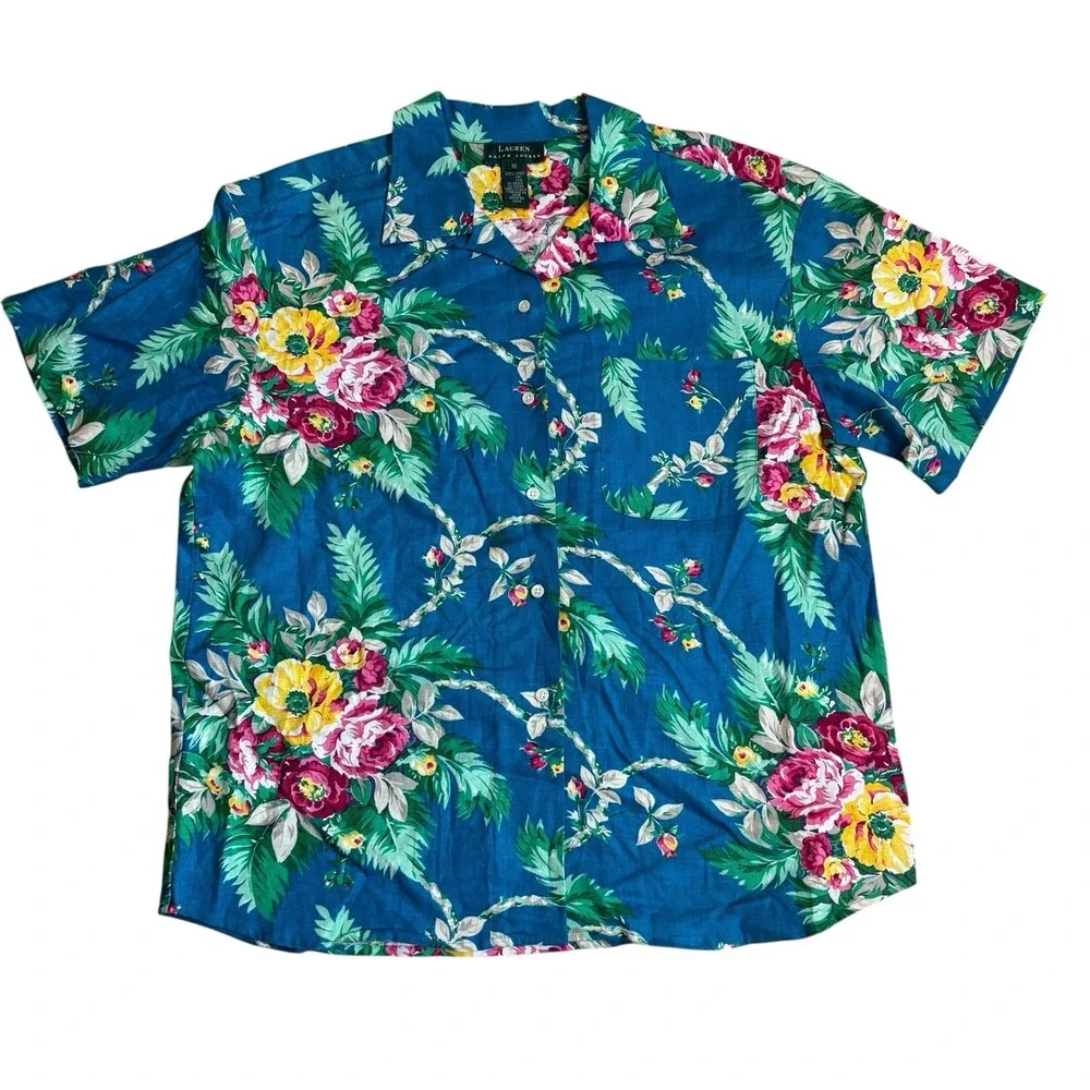 Lauren Ralph Lauren Floral Hawaiian Shirt Sz 16 Coastal Beach Linen Vacay Women - Picture 1 of 8